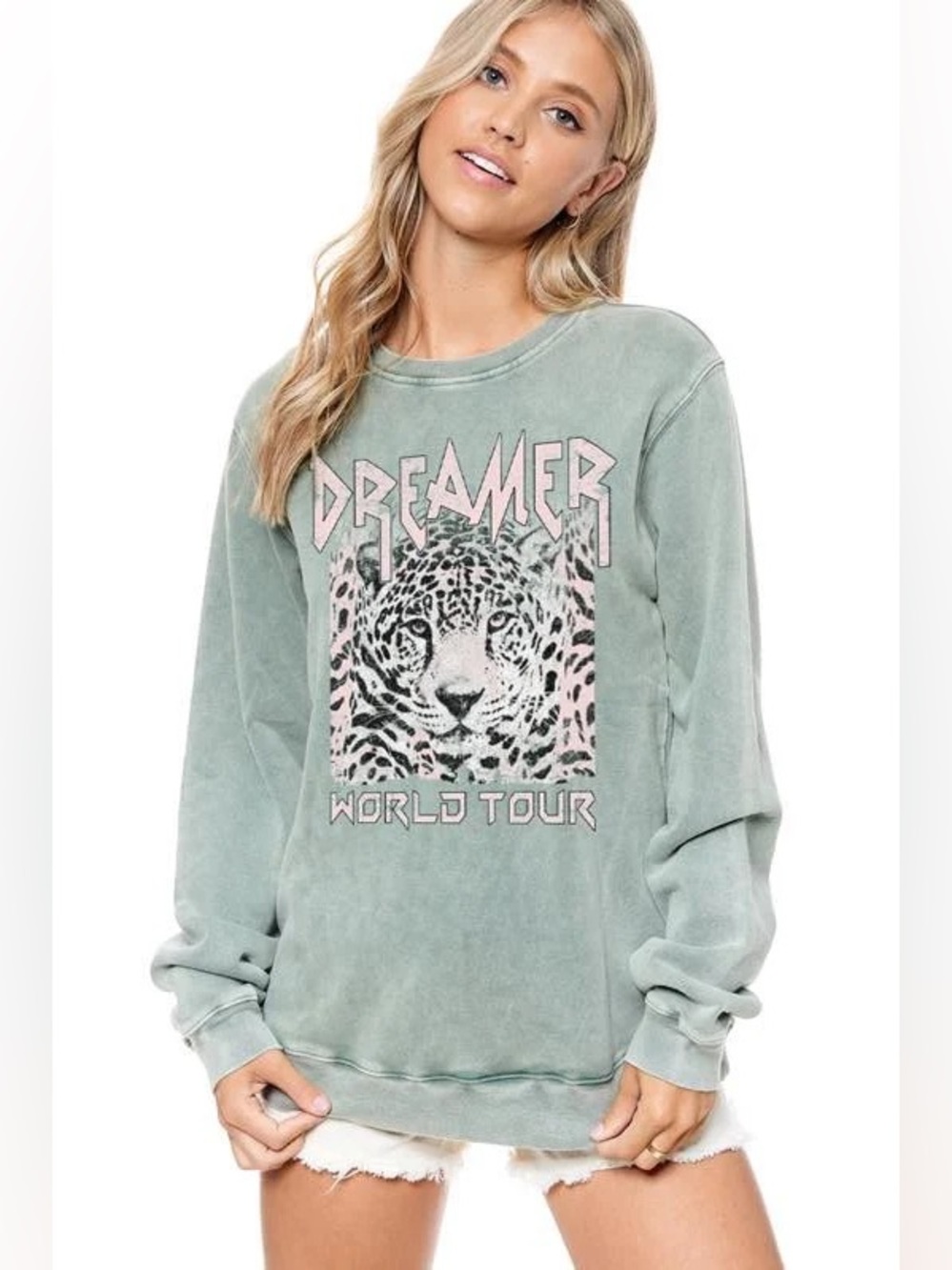 Sage Green 'Dreamer' Leopard Graphic Crewneck Sweater